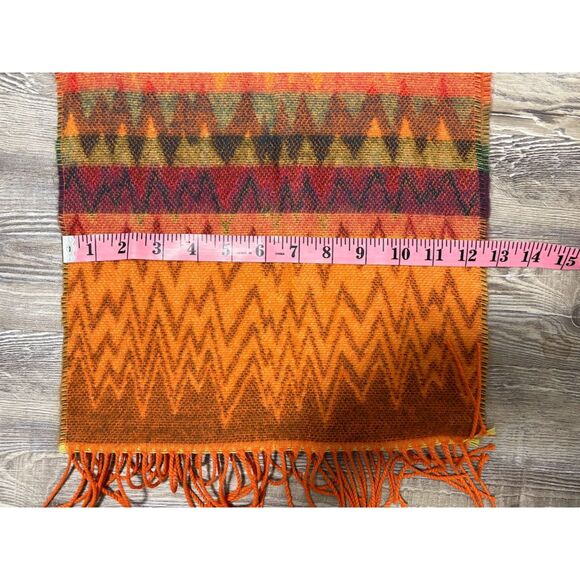 Made in Scotland 100% Cashmere Scarf Orange Green Red Chevron Fringe 64"x12" - Picture 7 of 7